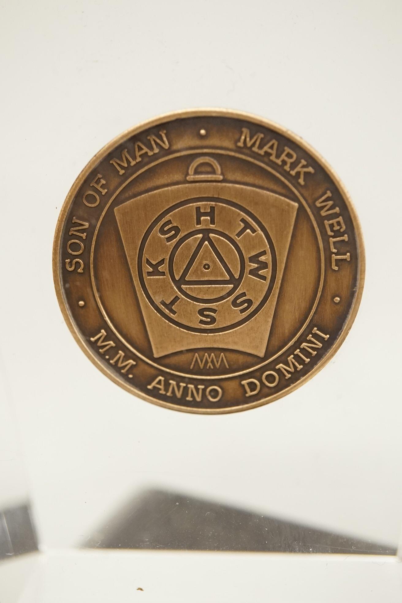 Masonic collectables including three paperweights, a cigarette box and two ribboned medals